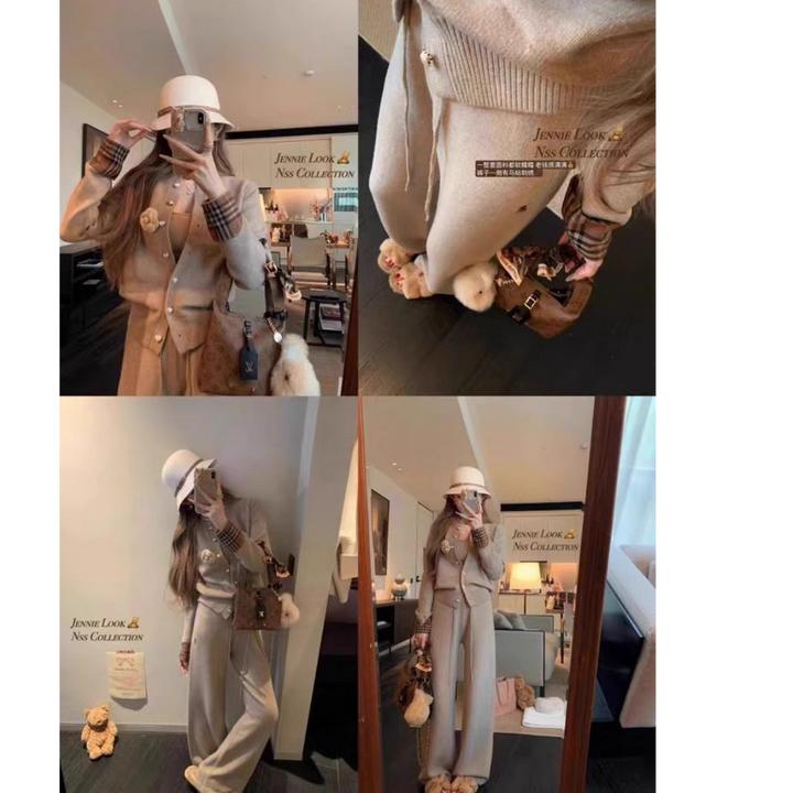 慵懒感通勤小众穿搭显瘦百搭长袖开衫高腰垂感休闲阔腿裤女两件套