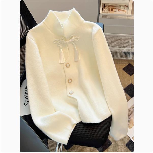 新年国风新中式红色毛衣女2024秋冬时尚新款显瘦流苏盘扣针织开衫