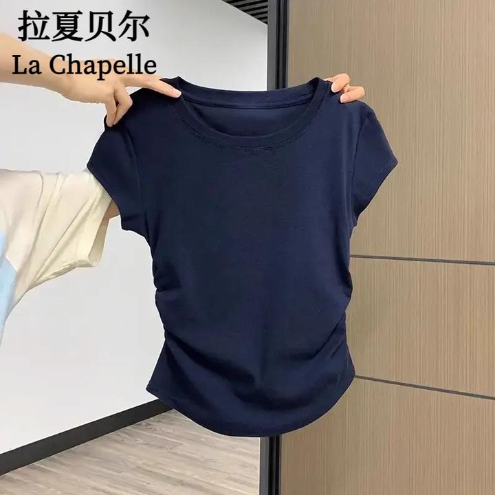 拉夏贝尔藏蓝色正肩短袖T恤女夏季新款设计感褶皱收腰圆领修身显