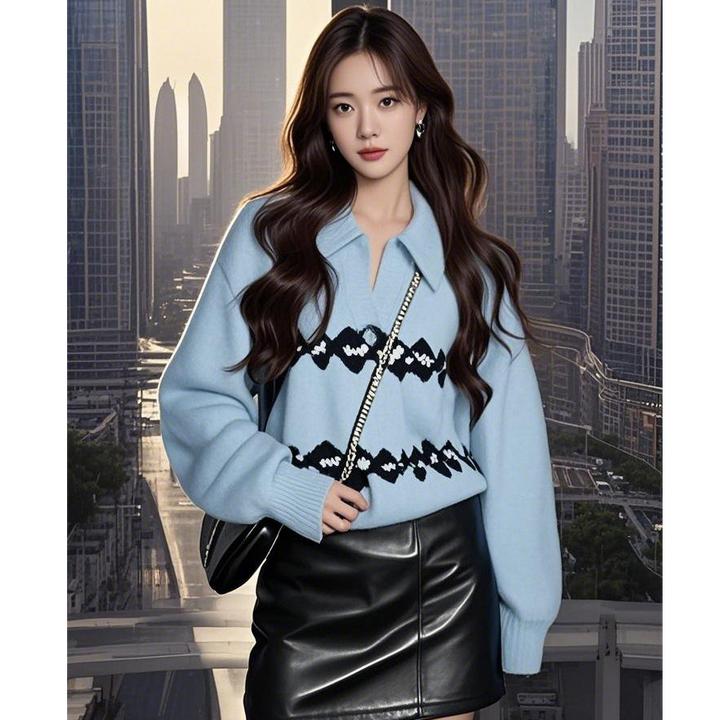 奶fufu慵懒高级感超好看韩系宽松浅蓝色印花针织polo衫女春季套装