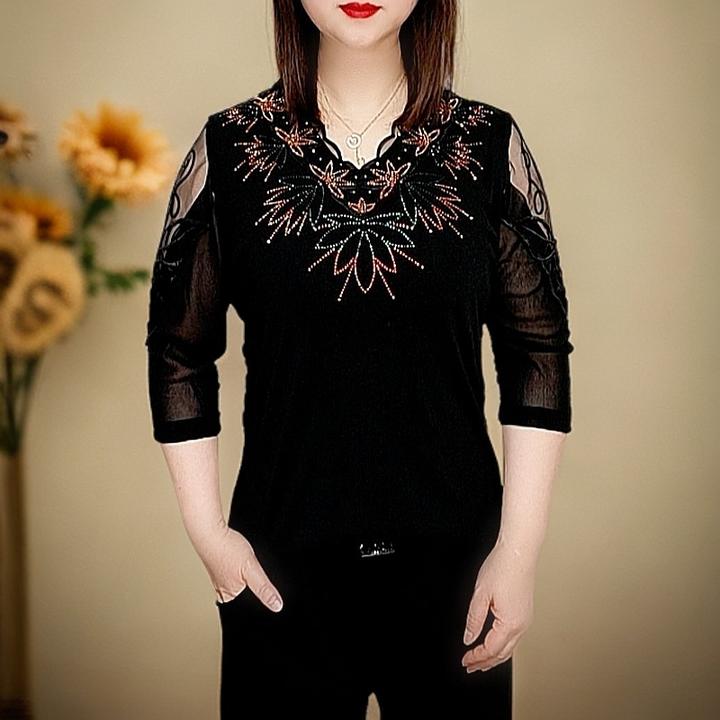 高贵气质网纱V领烫钻时尚洋气百搭中袖小衫修身减龄显瘦上衣女