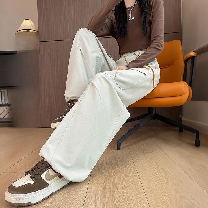 白色工装裤女春秋2025新款宽松直筒束脚美式运动休闲登山阔腿裤子