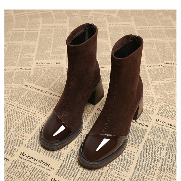 2025新款秋冬高级感超模时尚气质款单靴粗跟高跟鞋磨砂短靴女春秋