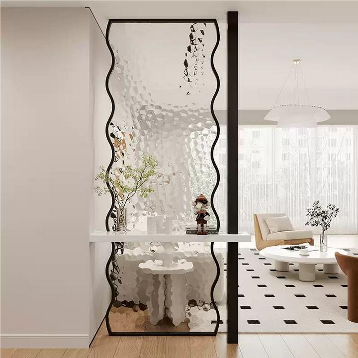 水波纹玻璃奶油风入户客厅卧室屏风隔断现代不锈钢卫生间浴室遮挡