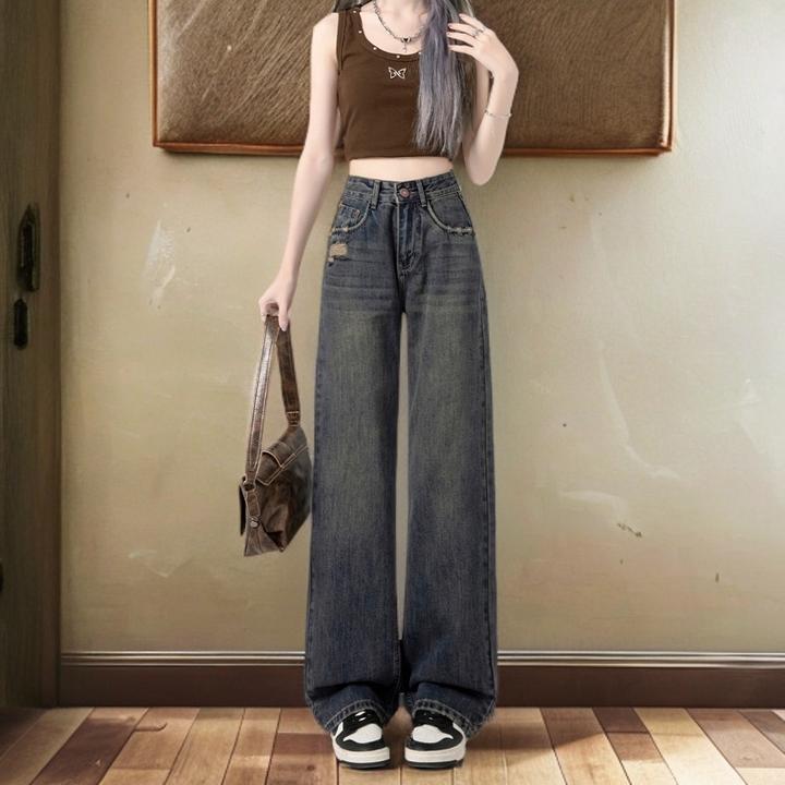 水泥灰高腰直筒阔腿裤女款春季破洞复古宽松垂感牛仔裤子TZQ80853