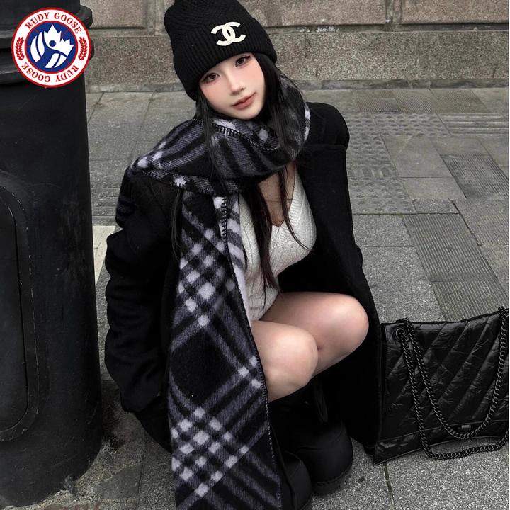 加拿大RUDY GOOSE鹅含羊毛高级黑白格条纹拼色双面围巾女冬季披肩