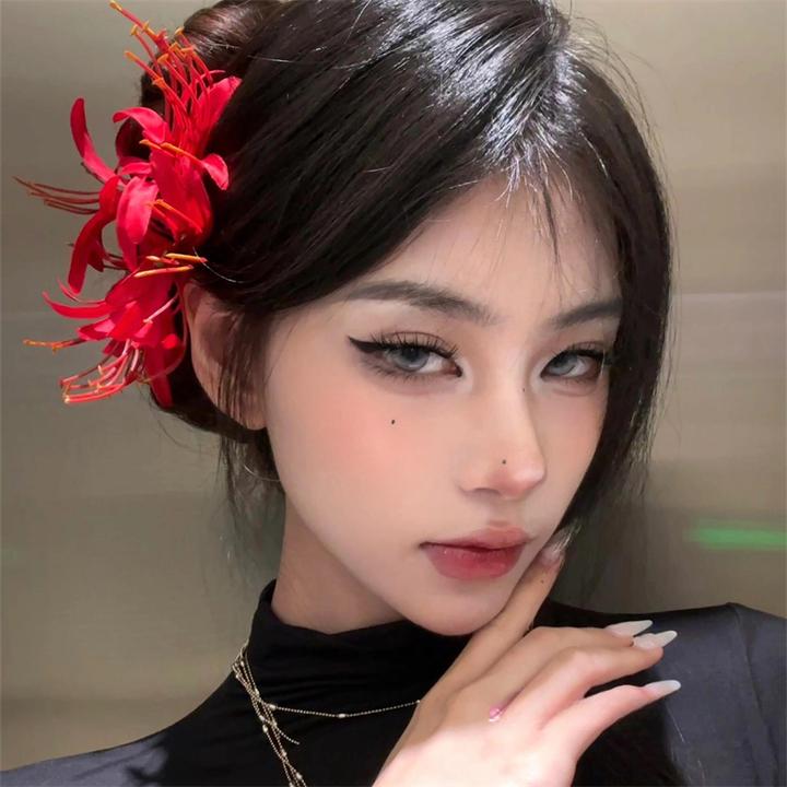 古风新中式红色彼岸花发夹超仙高级感仿真花朵侧边夹旗袍头花发饰