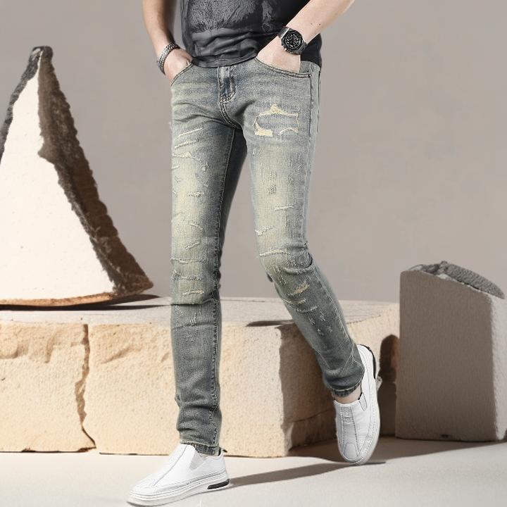 诺顿雷斯春夏新款破洞牛仔裤男款修身小脚复古黄泥色水洗弹力裤子