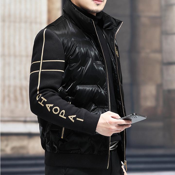 约文库费羽绒服男士短款保暖秋冬季白鸭绒立领亮面针织袖拼接外套