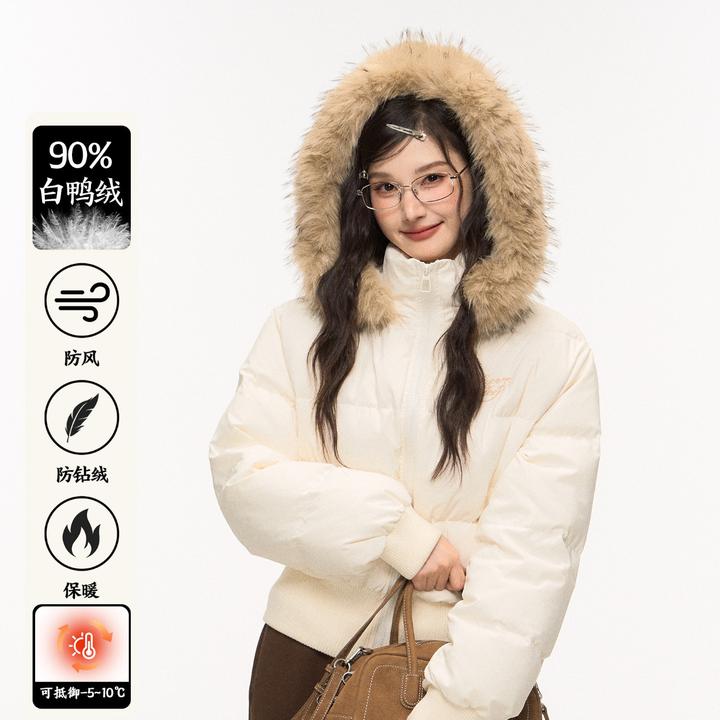 ELEVEN SLEEP大毛领连帽羽绒服女冬季短款韩系保暖派克服长袖上衣