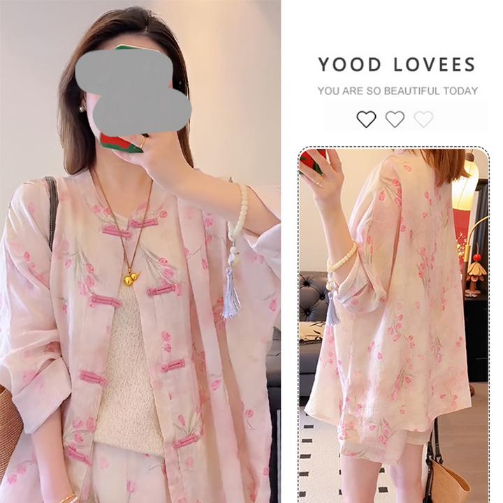 香朵儿新中式国风套装2025夏季洋气衣服女盘扣印花衬衫短裤两件套