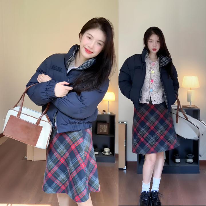 两面穿2025美式冬季复古格子小个子短款加厚面包保暖棉服外套女潮