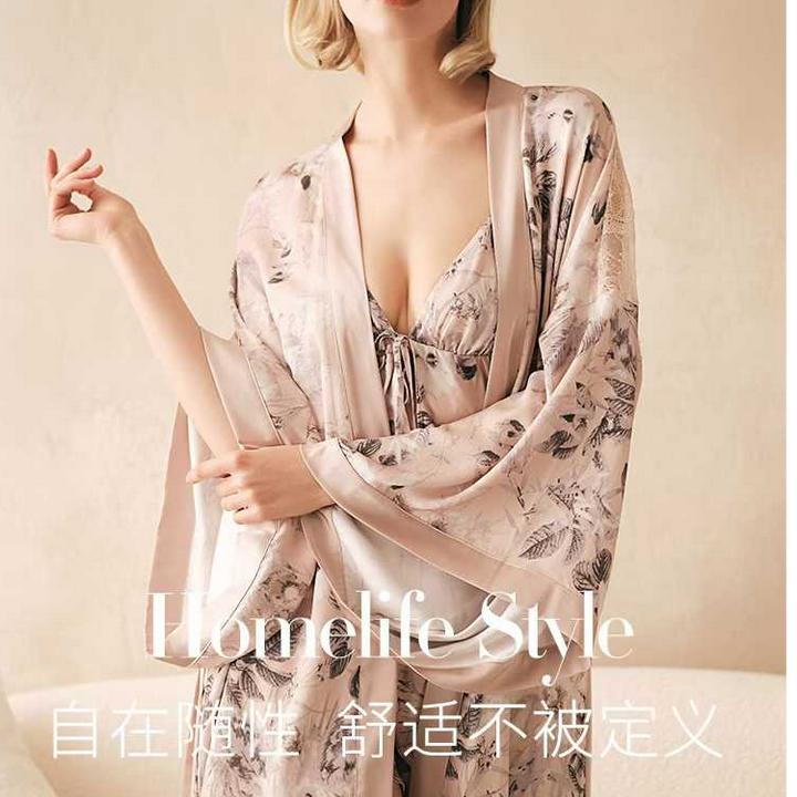 蝶衣司JJ28058墨雅花卉吊带三件套装睡裙夏季长袖和服蕾丝睡袍
