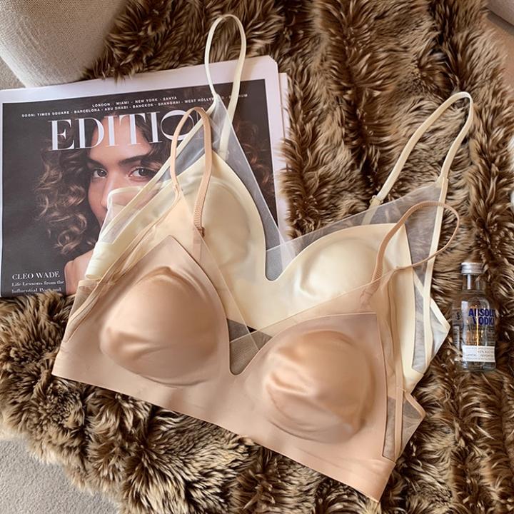 【法式珠光缎三角杯内衣】超薄无痕网纱细肩带小胸聚拢文胸罩-A09