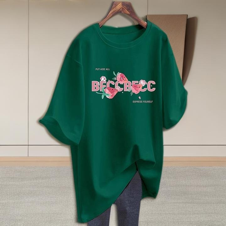 纯棉墨绿色短袖t恤女2025新款爆款大码宽松中长款T恤休闲显瘦上衣