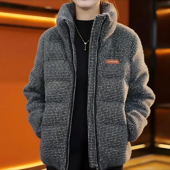 千鸟格针织拼接棉服女2026秋冬细节贴标舒适质感日常穿搭利落氛围