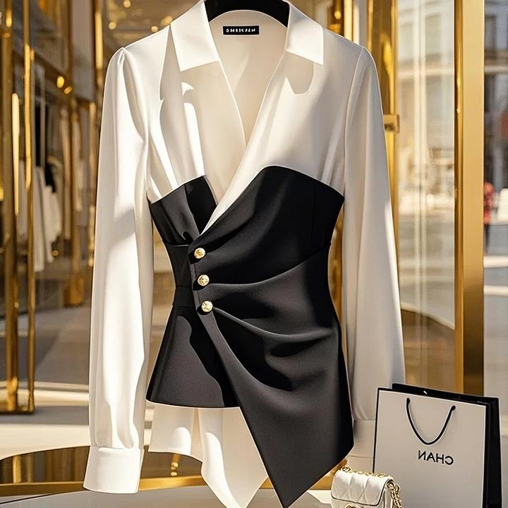 黑白撞色衬衫2025新款高级感轻奢减龄洋气法式设计感假两件上衣春