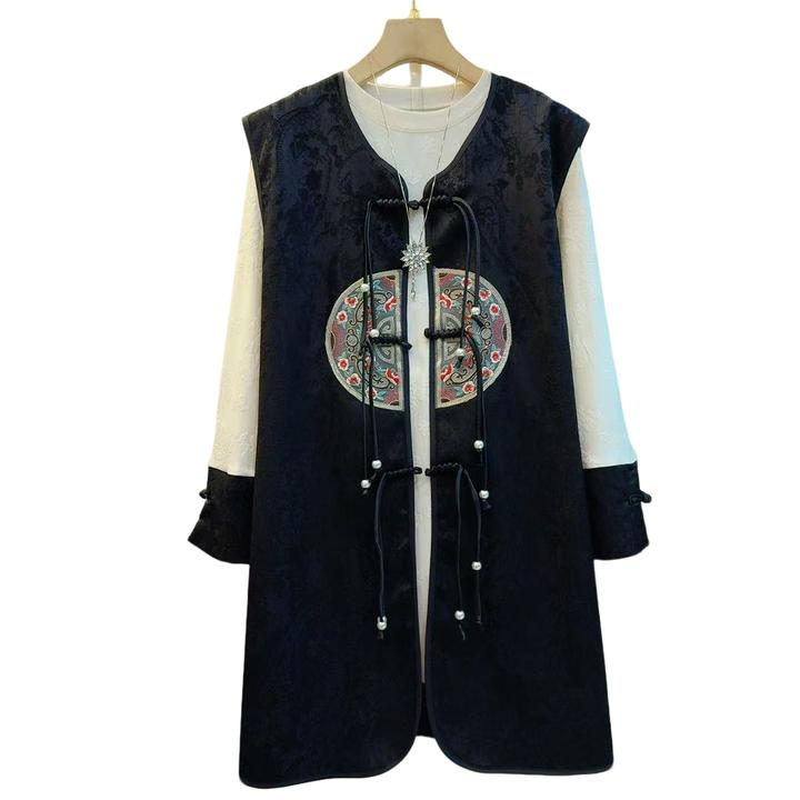 时尚新款国风中长款盘扣显瘦设计感上衣马甲套装（长87左右）