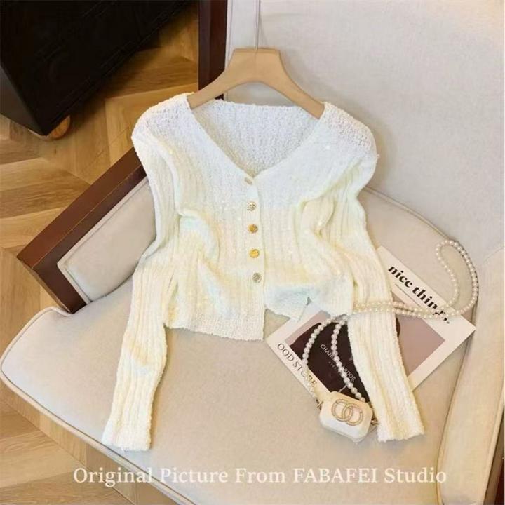 小香风轻奢亮片针织开衫女亮闪闪V领薄毛衣外套长袖早春chic上衣