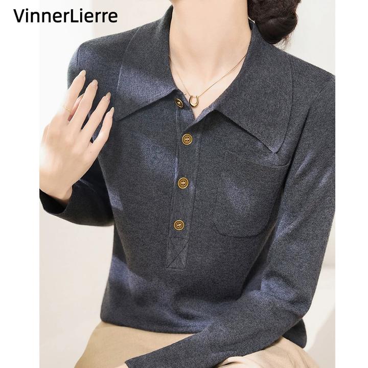 薇妮诺纯色翻领POLO气质百搭显瘦长袖针织衫洋气御姐修身秋冬上衣