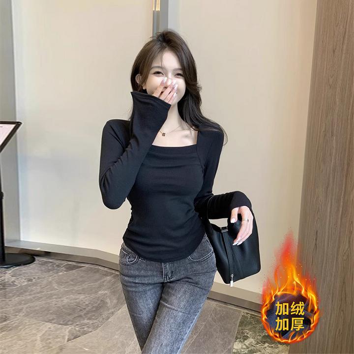 纯欲设计感小众方领德绒长袖打底衫女秋冬内搭恤辣妹修身褶皱上衣