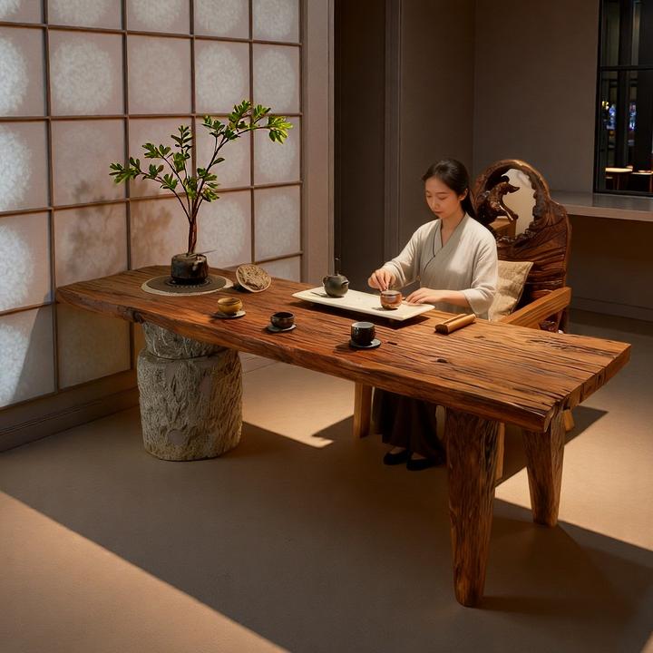 侘寂风原木大板茶桌茶台风化老木民宿餐桌设计师石头茶室泡茶桌