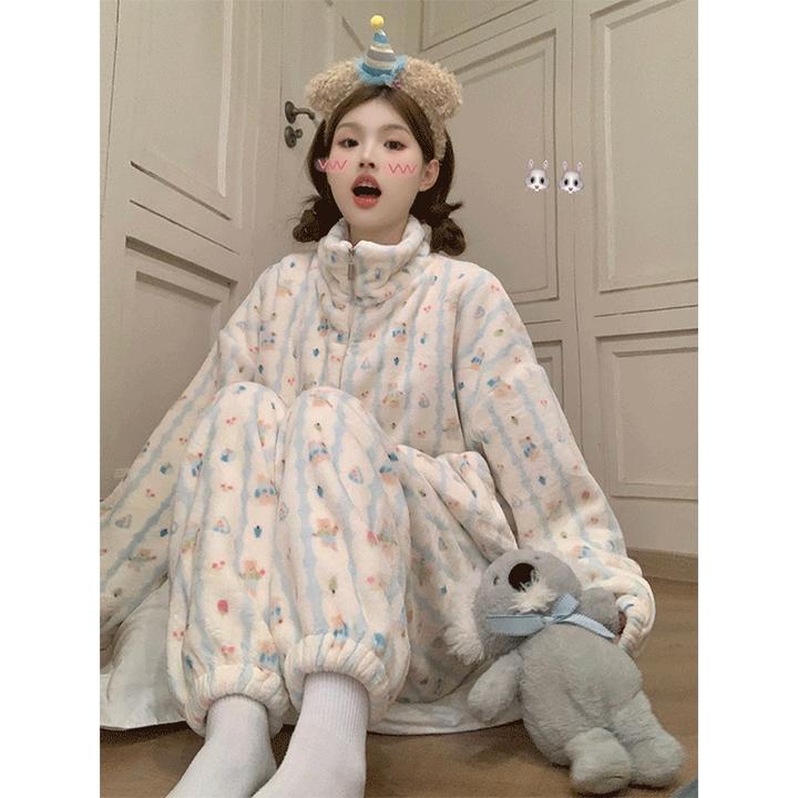 珊瑚绒睡衣女款冬季加绒加厚新款法兰绒秋冬款拉链保暖家居服套装