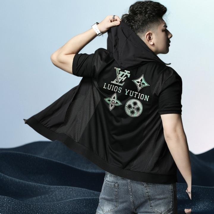 巴赛娜缇新款时尚字母印花连帽开衫t恤男潮牌夏季休闲凉感T恤半袖