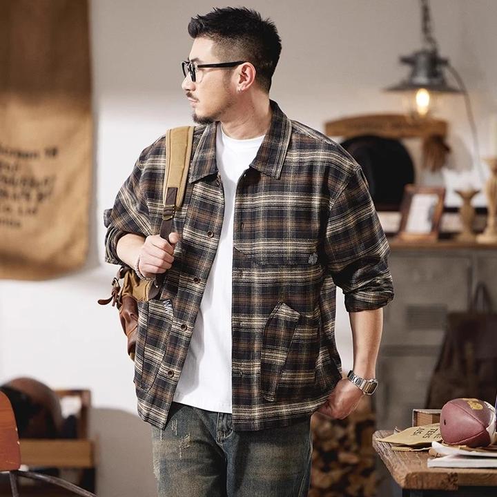 美式复古重磅长袖格子衬衫男秋季潮牌宽松高级感衬衣外套痞帅
