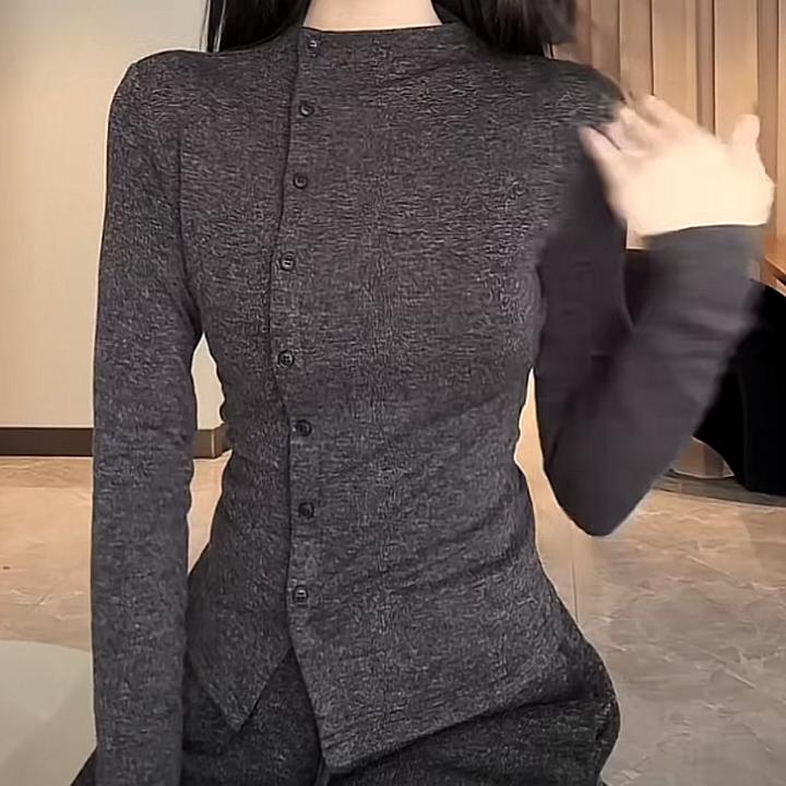 设计感不规则灰色针织衫女春季2025新款时尚百搭修身显瘦长袖上衣