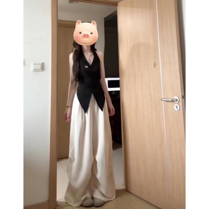 黑色辣妹气质穿搭V领设计感背心上衣女小众百搭宽松阔腿裤两件套