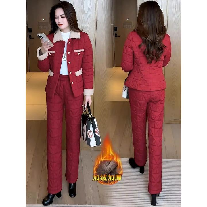 加绒加厚时尚套装女2024冬季新款洋气显瘦保暖气质棉衣棉裤两件套