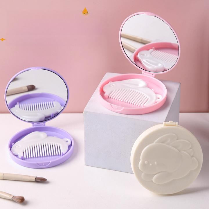 可爱玉兔镜梳一体儿童便携式梳子创意套装折叠迷你随身镜子小梳子