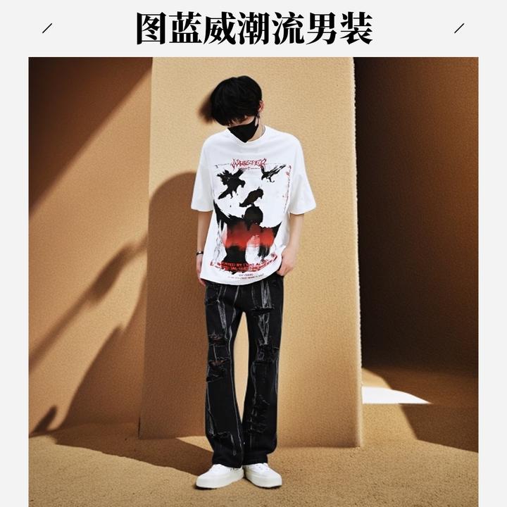 2025夏季新款美式高街宽松破洞设计黑色牛仔裤裤子百搭轻奢痞帅