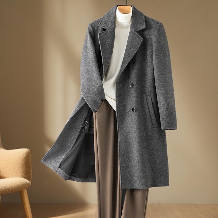纯羊毛双面呢大衣男士中长款过膝加垫肩新款外套西装领毛呢子风衣