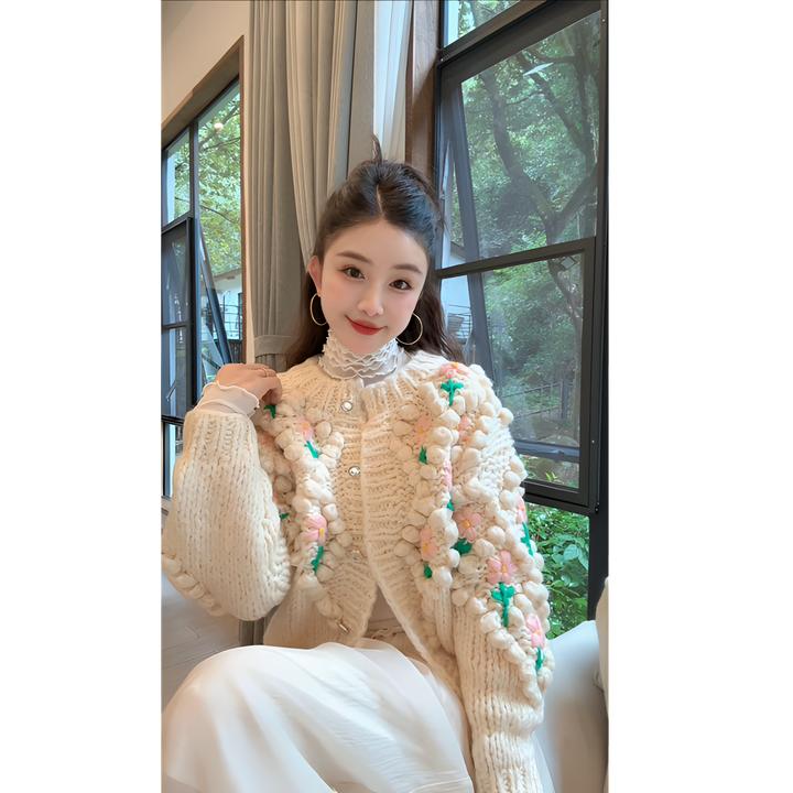 洋洋优选-冬季新款豆豆钩花重工手打粗棒针加厚毛衣外套女YY70913