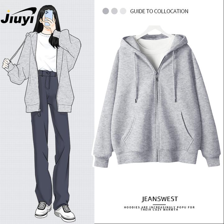 灰色连帽卫衣外套女春秋款2025新款爆款韩版休闲宽松薄款开衫上衣