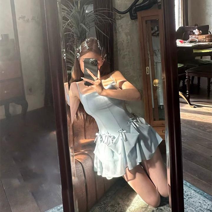 多重甜妮收腰显瘦中长吊带3穿连衣裙重工修身