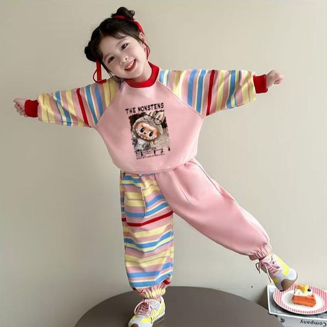 儿童潮酷卡通卫衣套装秋季新款条纹休闲上衣裤子两件套洋气女童装