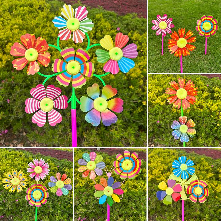 新款户外玩具六轮风车花朵活动装饰景区地摊热销单朵多色小风车