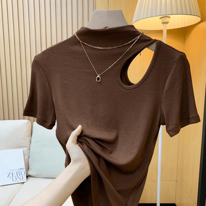 A夏季新款半高领螺纹镂空短袖T恤女大码气质显瘦打底百搭修身上衣