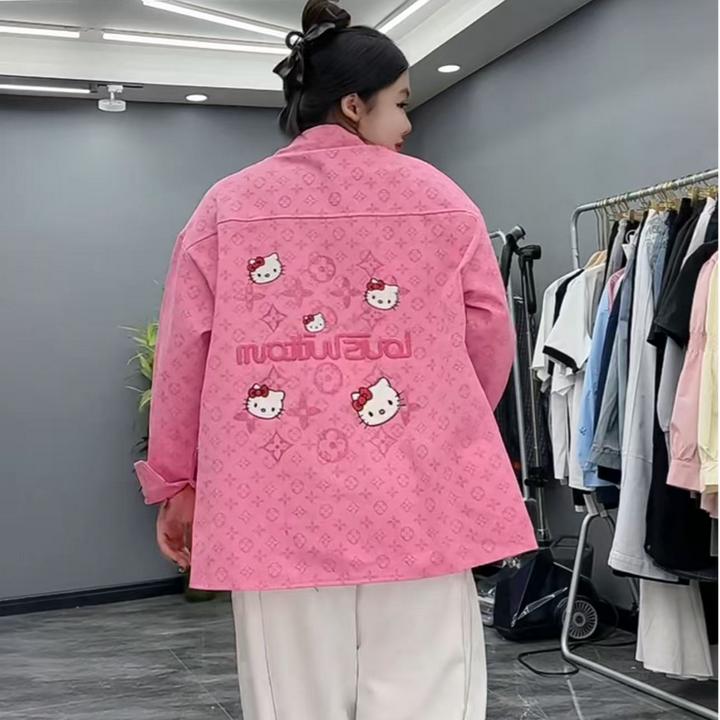 2025早秋季女装新款时尚洋气粉色十字花提花宽松长袖牛仔衬衫外套