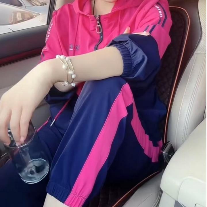 套装秋季女新款洋气拼色带帽上衣+裤子两件套休闲百搭连帽运动