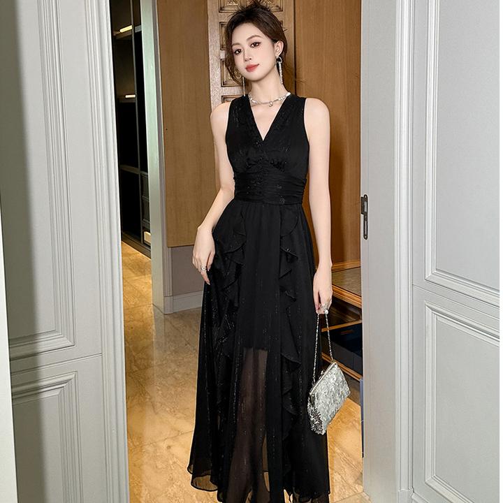 海边度假长裙夏季新款法式V字领收腰不规则雪纺连衣裙女