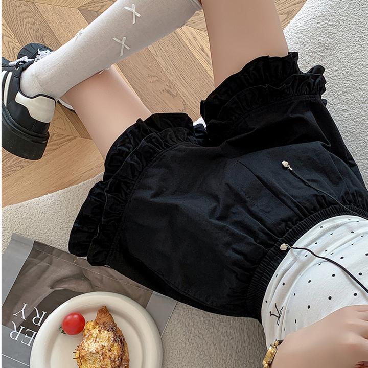 2025夏季新款甜美运动风木耳花边下摆高腰休闲短裤松紧腰阔腿裤子