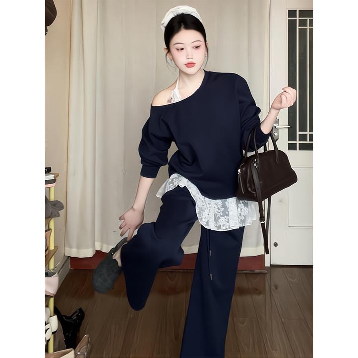 时尚套装设计感斜肩卫衣内搭蕾丝挂脖背心女早春高腰休闲裤三件套