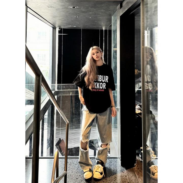 韩版圆领纯棉设计感印花t恤女夏季宽松显瘦百搭时尚潮流穿搭