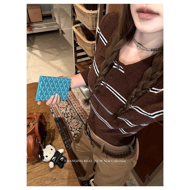 法式高级感条纹撞色翻领针织衫女早秋季学院风短款打底衫长袖上衣