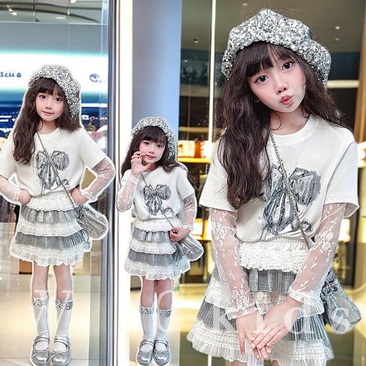 女童短袖T恤洋气时髦2025新款儿童防晒蕾丝上衣夏季半身裙两件套