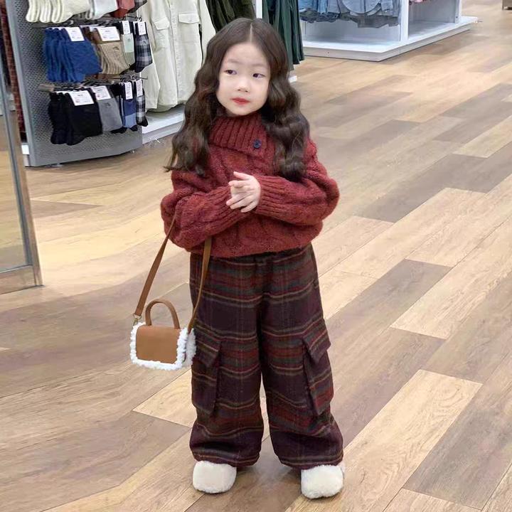 童装女童2025冬季新款复古加绒加厚格子裤女童韩版裤子秋季宝宝